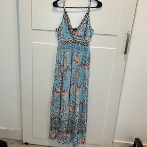 ANGIE Women's Blue Floral Maxi Dress Boho Tribal Print Smocked Empire Waist  L